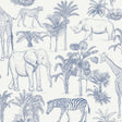 Ansaldo Blue Safari Wallpaper by Fine Decor - FD43967, featuring illustrated elephants, giraffes, zebras, rhinos, and cheetahs in blue on a white background