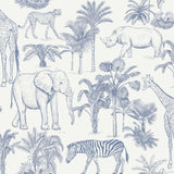 Ansaldo Blue Safari Wallpaper by Fine Decor - FD43967, featuring illustrated elephants, giraffes, zebras, rhinos, and cheetahs in blue on a white background
