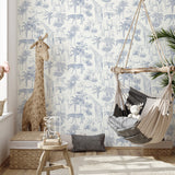 Ansaldo Blue Safari by Fine Decor Bohemian Illustrative Safari Animal Wallpaper with Elephants Giraffes Zebras and Rhinos - FD43967