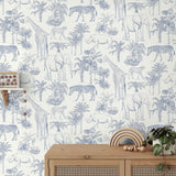 Ansaldo Blue Safari by Fine Decor Bohemian Illustrative Safari Animal Wallpaper with Elephants Giraffes Zebras and Rhinos - FD43967