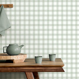 Belen Sage by Fine Decor Classic Sage Green and White Gingham Plaid Farmhouse Non Woven Unpasted Washable Wallpaper 20.5 In x 33 Ft - FD43970