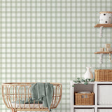 Belen Sage by Fine Decor Classic Sage Green and White Gingham Plaid Farmhouse Non Woven Unpasted Washable Wallpaper 20.5 In x 33 Ft - FD43970