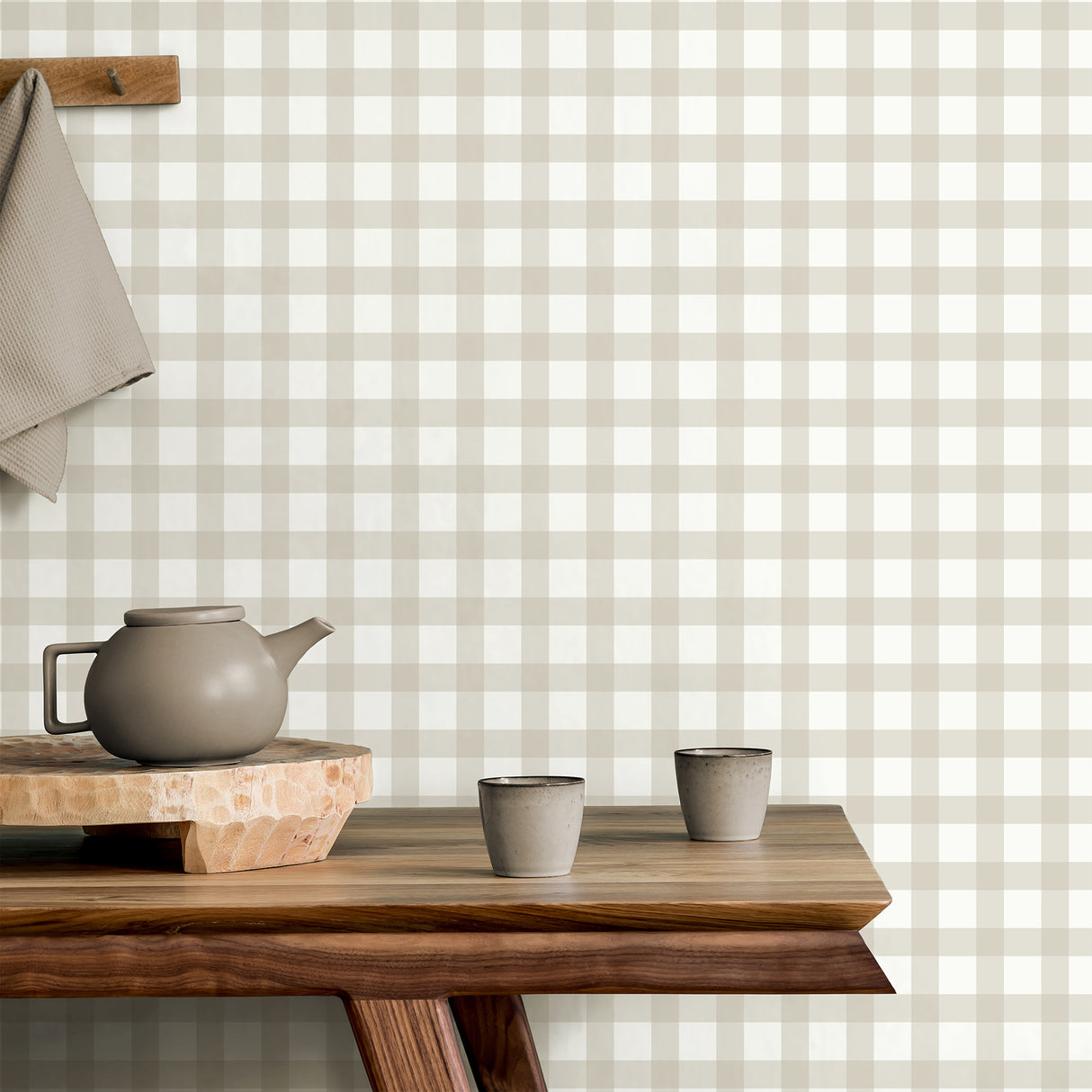 Belen Beige Gingham Wallpaper in Beige and White by Fine Decor FD43971 Farmhouse Plaid Non Woven Unpasted Sidewall 20.5in x 33ft