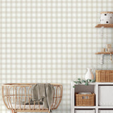 Belen Beige Gingham Wallpaper in Beige and White by Fine Decor FD43971 Farmhouse Plaid Non Woven Unpasted Sidewall 20.5in x 33ft