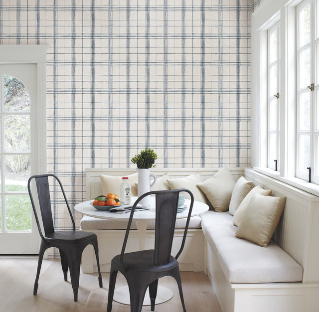 Farmhouse Plaid Navy & White Wallpaper with Bohemian Plaid Pattern - York FH4017
