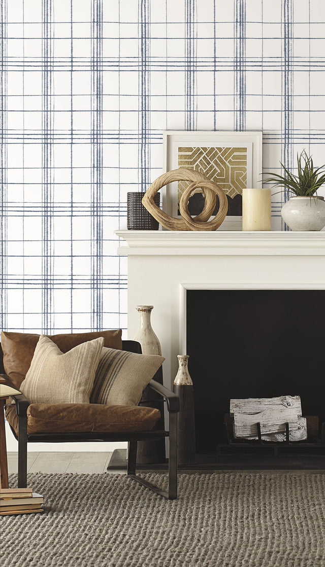 Farmhouse Plaid Navy & White Wallpaper with Bohemian Plaid Pattern - York FH4017