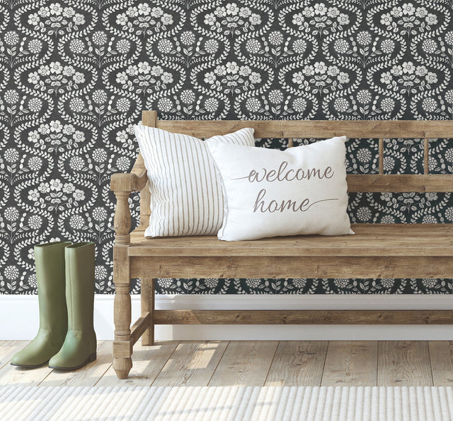 Folksy Floral Black & White Wallpaper