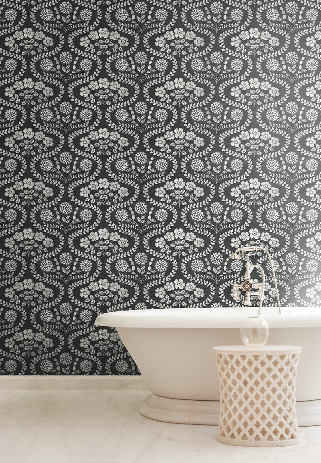 Folksy Floral Black & White Wallpaper