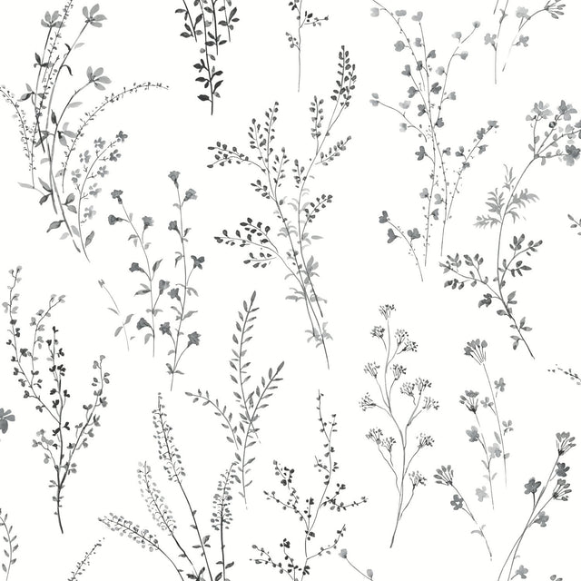 Wildflower Sprigs Black & White Wallpaper with Bohemian Floral Pattern - York FH4026