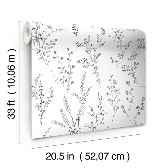 Wildflower Sprigs Black & White Wallpaper with Bohemian Floral Pattern - York FH4026