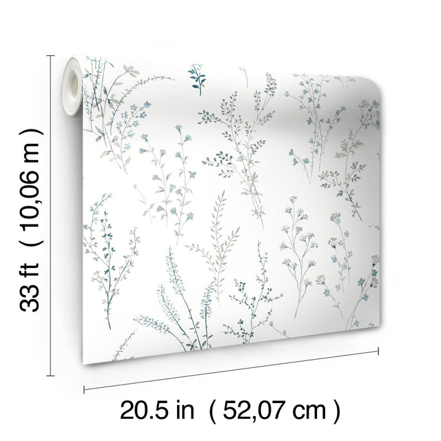 Wildflower Sprigs Blue & Green Wallpaper with Bohemian Floral Motif - York FH4027