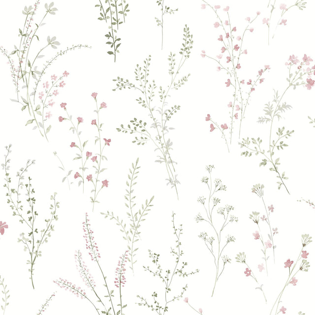 Wildflower Sprigs Pink & Green Wallpaper with Bohemian Floral Motif - York FH4028