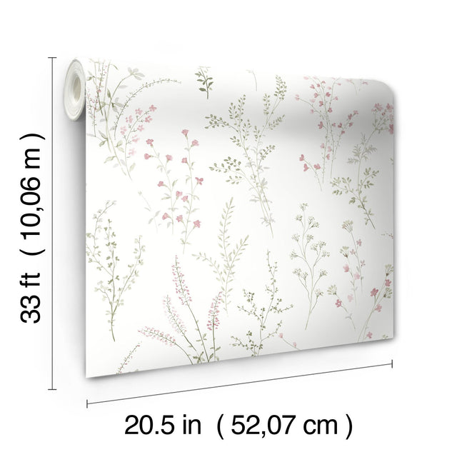 Wildflower Sprigs Pink & Green Wallpaper with Bohemian Floral Motif - York FH4028
