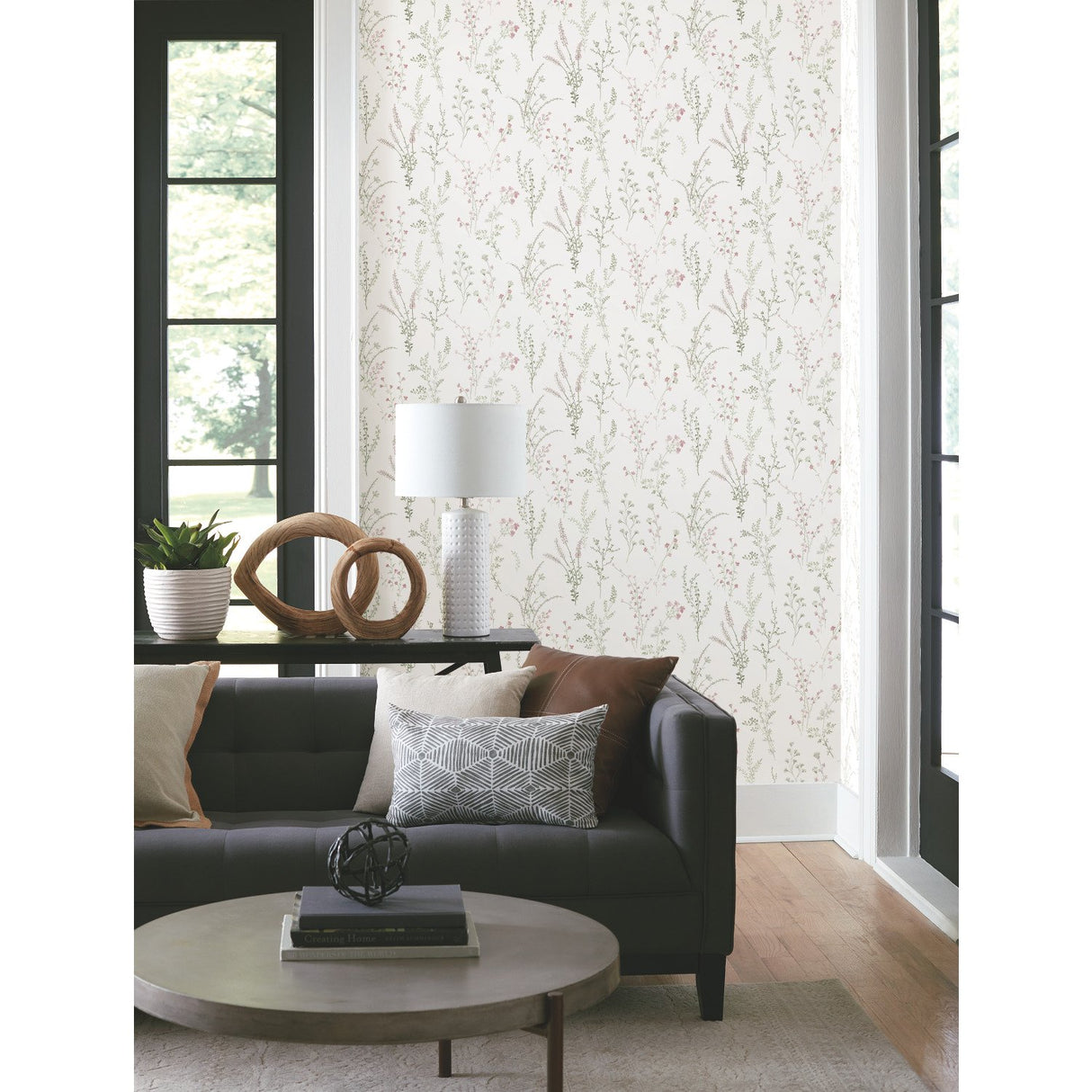 Wildflower Sprigs Pink & Green Wallpaper with Bohemian Floral Motif - York FH4028