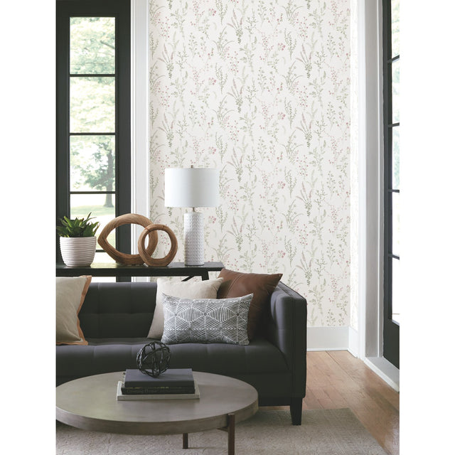 Wildflower Sprigs Pink & Green Wallpaper with Bohemian Floral Motif - York FH4028