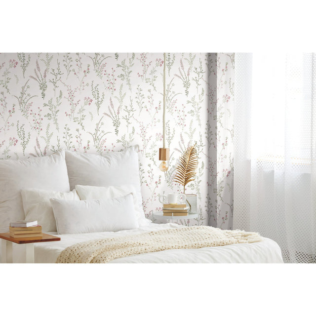 Wildflower Sprigs Pink & Green Wallpaper with Bohemian Floral Motif - York FH4028