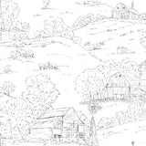 Pasture Toile Black & White Wallpaper with Pastoral Farm Scene - York FH4031