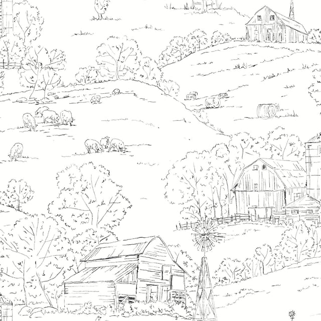 Pasture Toile Black & White Wallpaper with Pastoral Farm Scene - York FH4031