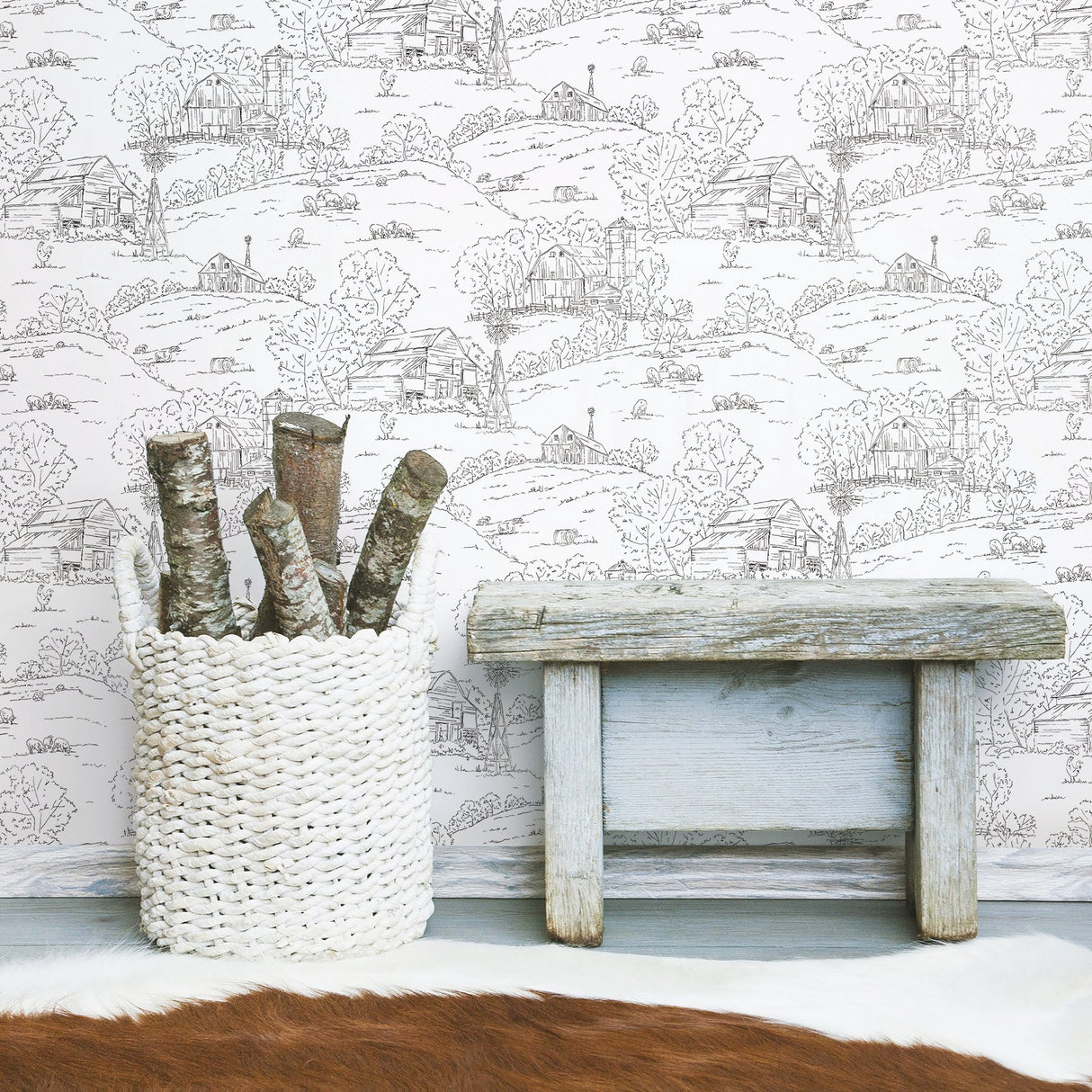 Pasture Toile Black & White Wallpaper with Pastoral Farm Scene - York FH4031