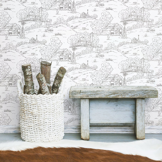 Pasture Toile Black & White Wallpaper with Pastoral Farm Scene - York FH4031