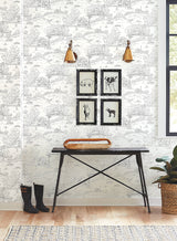 Pasture Toile Black & White Wallpaper with Pastoral Farm Scene - York FH4031