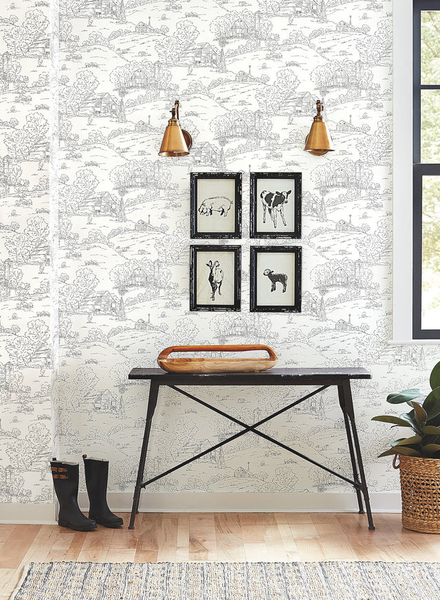 Pasture Toile Black & White Wallpaper with Pastoral Farm Scene - York FH4031