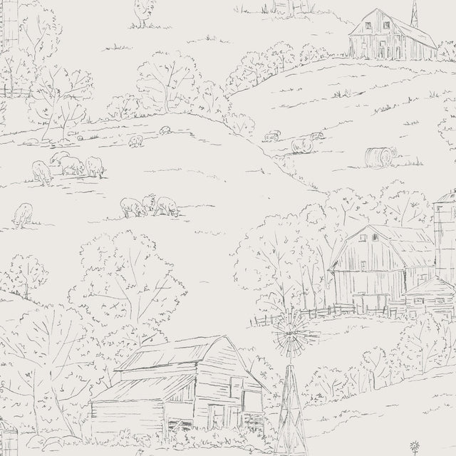 Pasture Toile Beige & Grey Wallpaper with Farm Animals and Rustic Barn Sketch - York FH4033