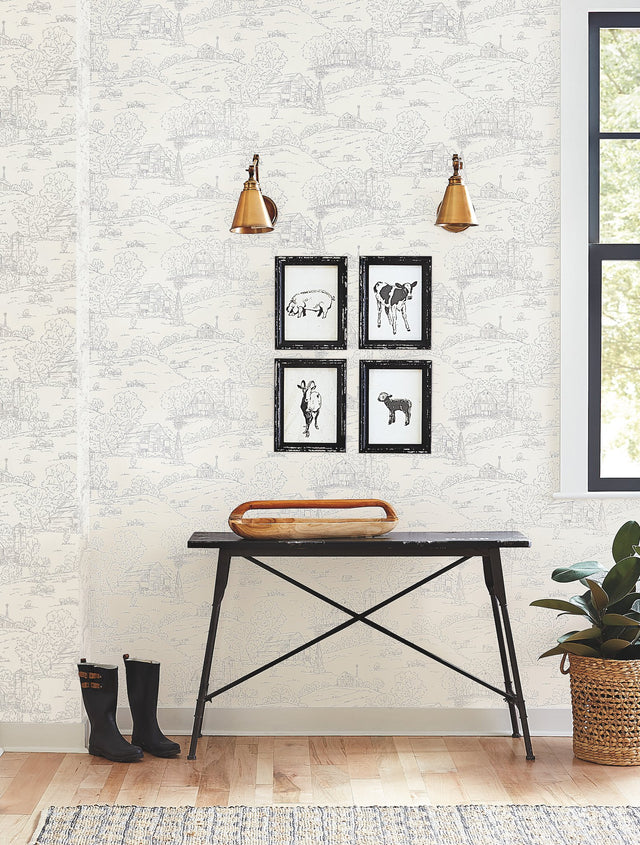 Pasture Toile Beige & Grey Wallpaper with Farm Animals and Rustic Barn Sketch - York FH4033