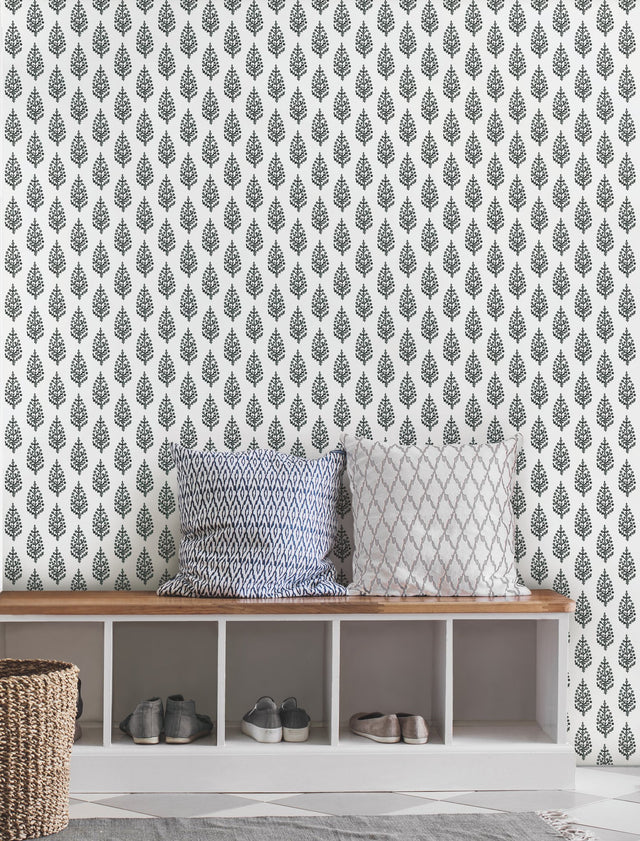 Paisley on Calico Black & White Wallpaper with Botanical Boteh Motif - York FH4069
