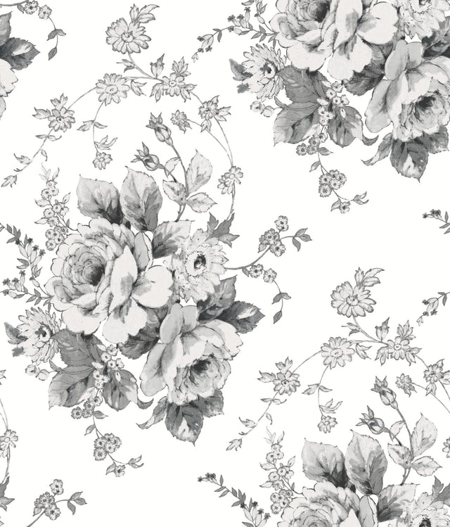 Heritage Rose White & Black Wallpaper with Botanical Floral Pattern - York FH4086