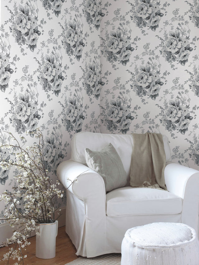 Heritage Rose White & Black Wallpaper with Botanical Floral Pattern - York FH4086