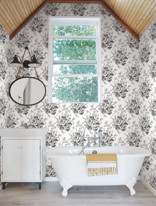 Heritage Rose White & Black Wallpaper with Botanical Floral Pattern - York FH4086
