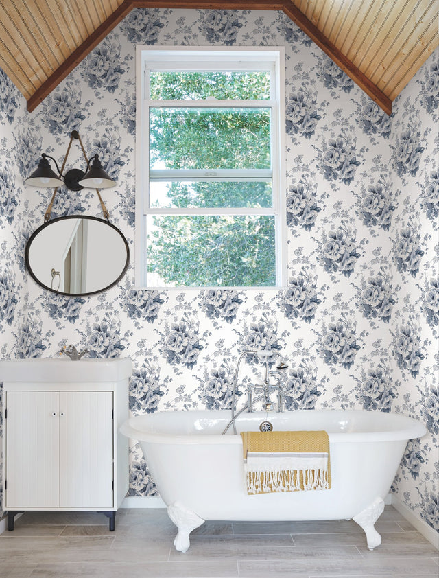 Heritage Rose Navy & White Wallpaper with Botanical Floral Pattern - York FH4087