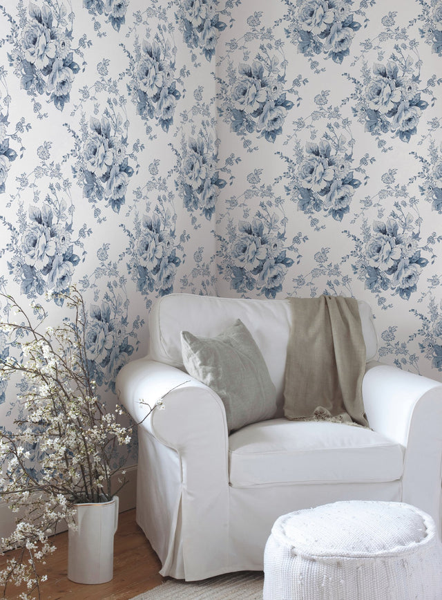 Heritage Rose Navy & White Wallpaper with Botanical Floral Pattern - York FH4087