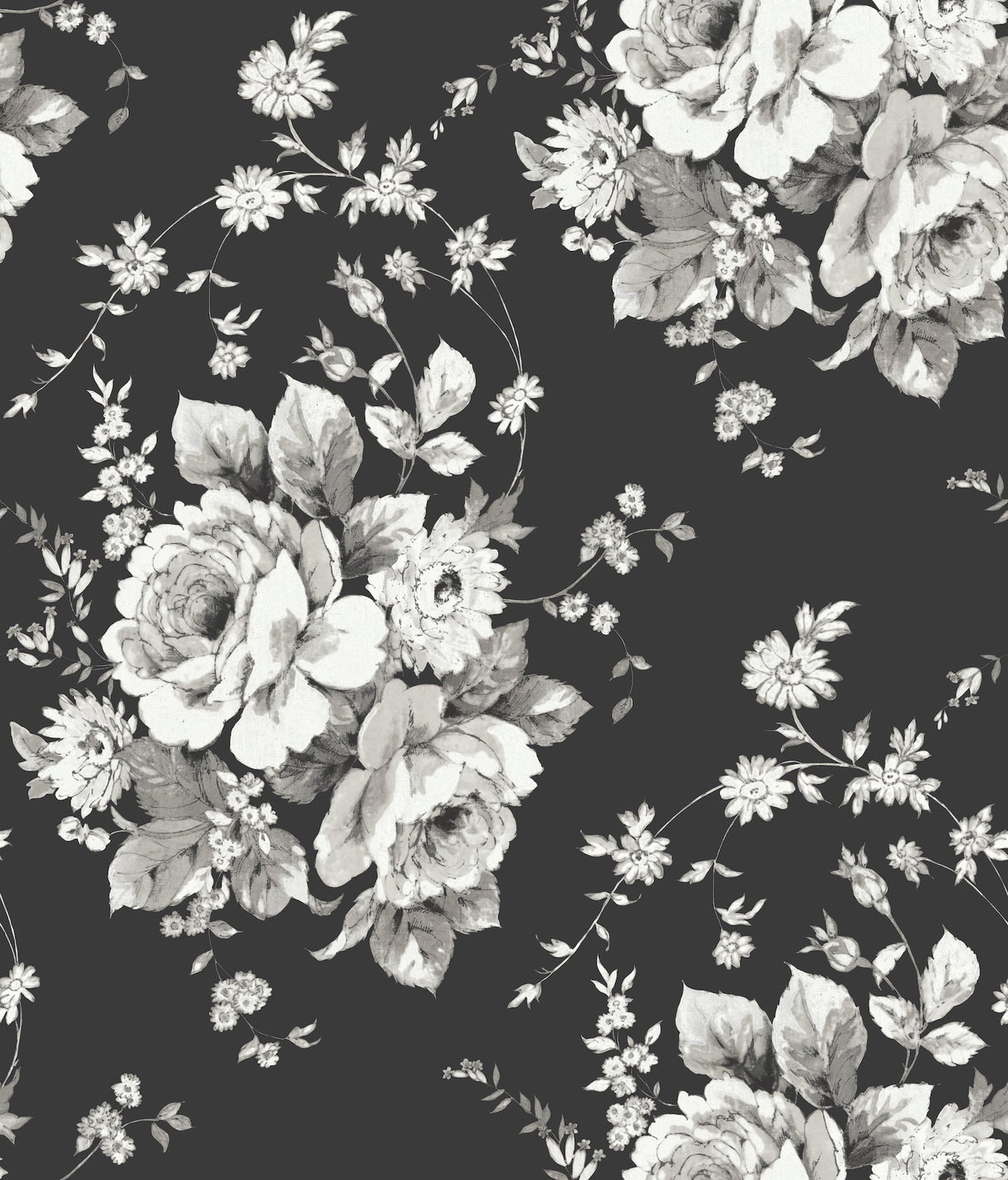 Heritage Rose Black & Grey Botanical Non Woven Wallpaper - York FH4088