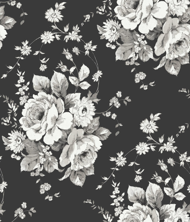Heritage Rose Black & Grey Botanical Non Woven Wallpaper - York FH4088