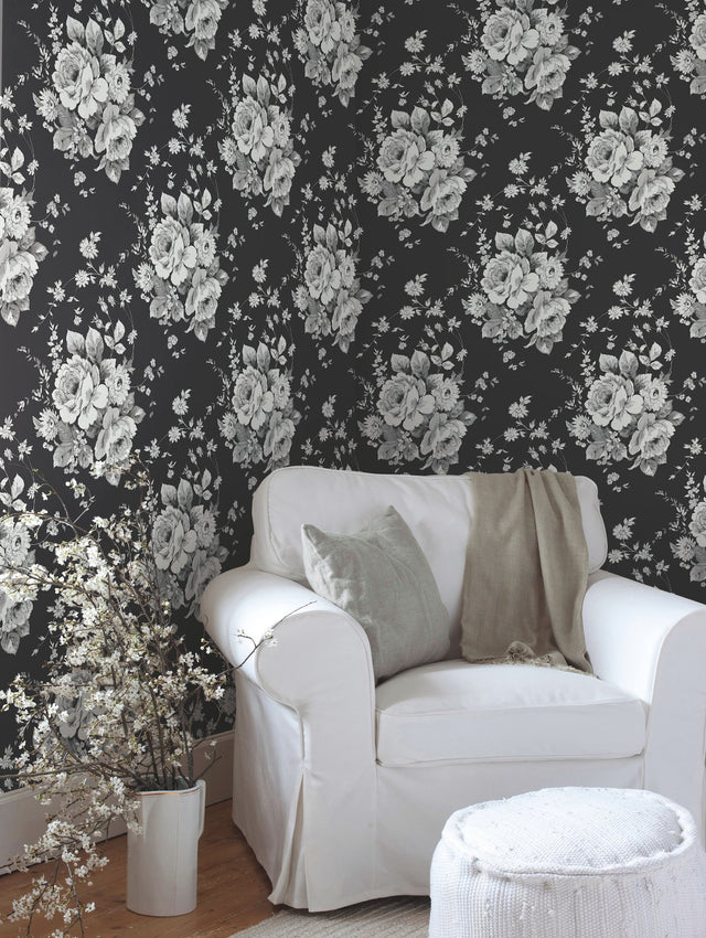 Heritage Rose Black & Grey Botanical Non Woven Wallpaper - York FH4088