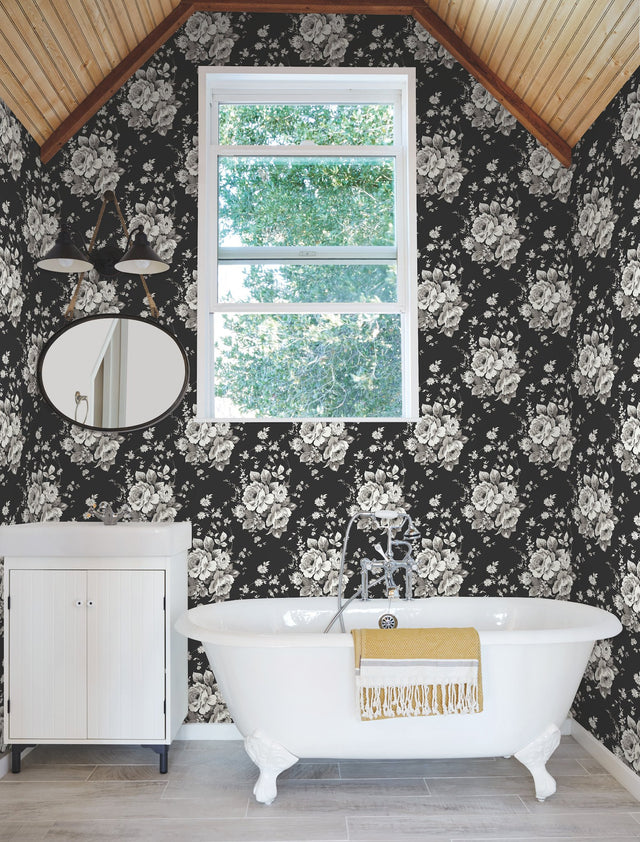 Heritage Rose Black & Grey Botanical Non Woven Wallpaper - York FH4088