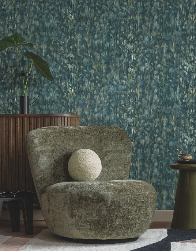 Gilded Plume Teal Wallpaper with Metallic Feathered Texture - York FM1001
