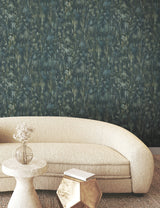 Gilded Plume Teal Wallpaper with Metallic Feathered Texture - York FM1001