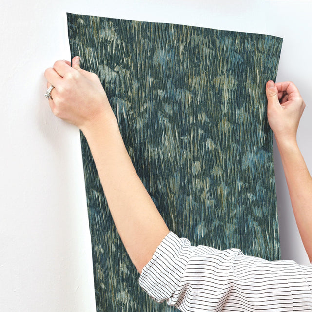 Gilded Plume Teal Wallpaper with Metallic Feathered Texture - York FM1001