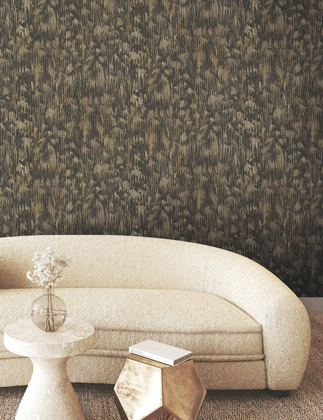 Gilded Plume Black Wallpaper with Metallic Textured Feather Motif - York FM1004