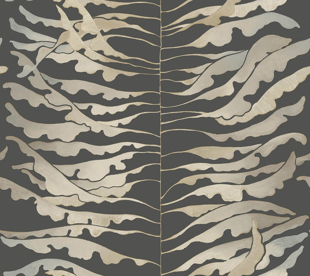 Leaf Column Black Wallpaper with Metallic Botanical Motif - York FM1042