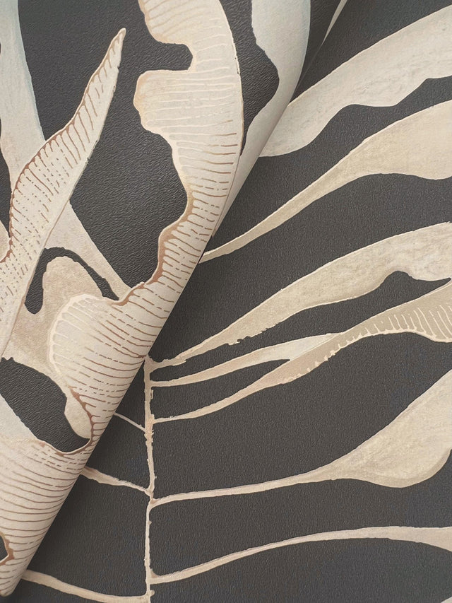 Leaf Column Black Wallpaper with Metallic Botanical Motif - York FM1042