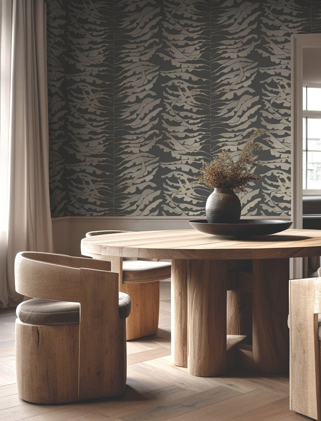Leaf Column Black Wallpaper with Metallic Botanical Motif - York FM1042