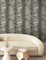 Leaf Column Black Wallpaper with Metallic Botanical Motif - York FM1042