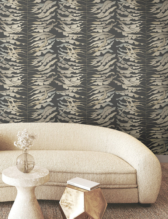 Leaf Column Black Wallpaper with Metallic Botanical Motif - York FM1042