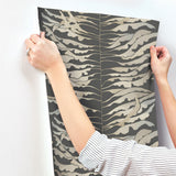 Leaf Column Black Wallpaper with Metallic Botanical Motif - York FM1042