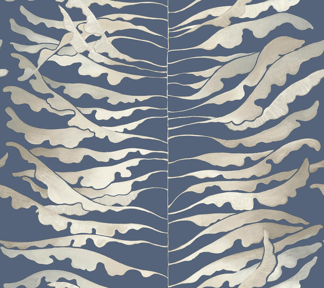 Leaf Column Navy Wallpaper with Metallic Botanical Modern Motif - York FM1043