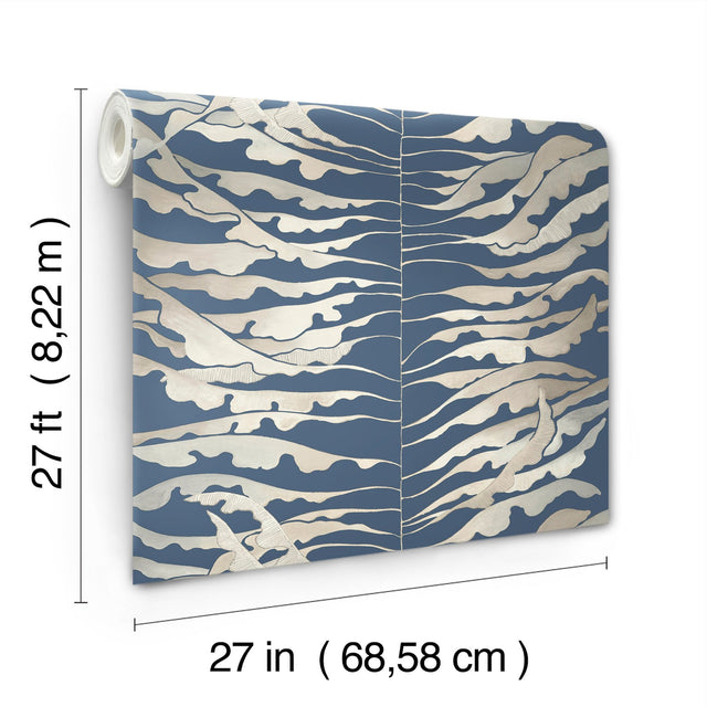 Leaf Column Navy Wallpaper with Metallic Botanical Modern Motif - York FM1043
